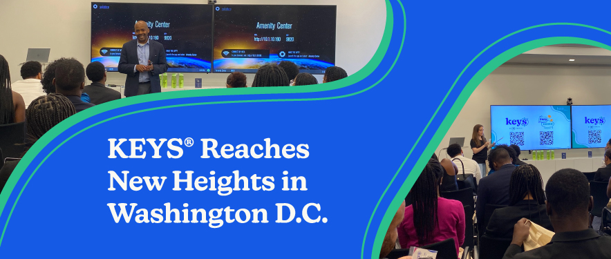 Keys reaches new hights in Washington, D.C. Text on blue background with two reveals of people giving a presentation