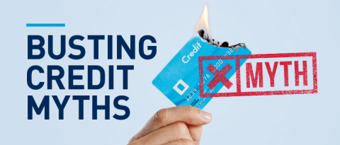 Credit card burning with a text overlay "Busting Credit Myths"