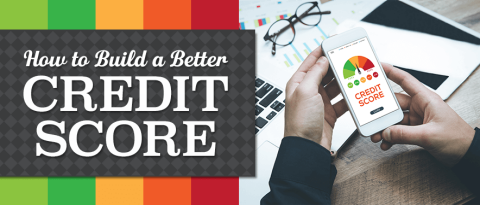 Individual on cell phone viewing credit score with text overlay “How to Build A Credit Score”