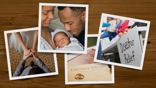 polaroids of major life events on a wooden table