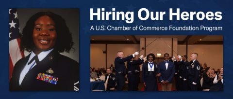 Photo of Jamie in her uniform and another photo of her standing next to her son at a ceremony