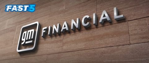 Stylized text reading Fast 5 overlaying wood wall with the GM Financial logo.