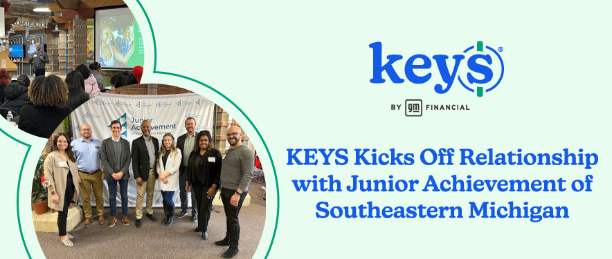 Two circular photos on the left side of the image. One features Shawn, a KEYS facilitator, presenting to attendees. The other has a group posing in front of a Junior Achievement banner. Pictured from left to right are Emma, Rick, Rafael, Jason, Samantha, Erik, Marla and Shawn.  	On the right side, the KEYS logo is positioned above the words, "KEYS Kicks Off Relationship with Junior Achievement of Southeastern Michigan."
