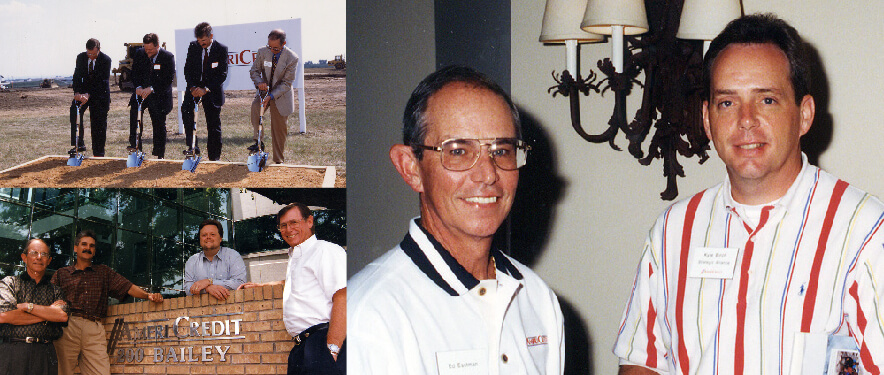 A collage of photos of Ed Esstman breaking ground for AmeriCredit, posing with leaders in front of an AmeriCredit sign and smiling next to Kyle Birch.