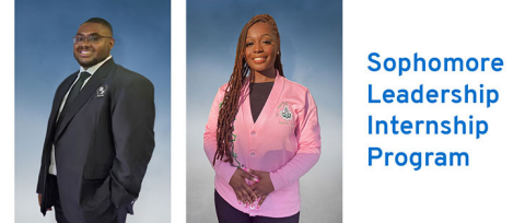Side by side photo of two SLIP graduates, Braylon on the left and Lyndsey on the right, posing. The text “Sophomore Leadership Internship Program” also appears.