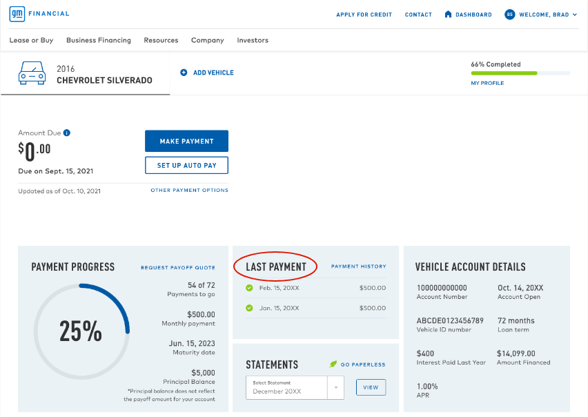Image of My Account Dashboard with the last payment received circled in red