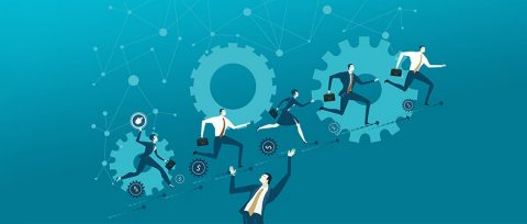 Illustration of office workers running on a surface being held up by a man underneath them.