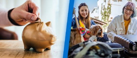 Split image with a hand putting money in a piggy bank on the left and two people loading a trunk with luggage on the right.