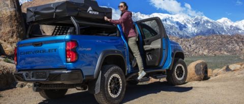 GM cargo organizer full of groceries inside a trunk