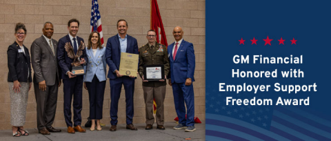 L-R: Wyvette McLendon, Texas ESGR North Region Director; John Sampa, ESGR National Chair; Todd Stoessell, GM Defense CFO; Susan Sheffield, GM Financial President and CEO; Rick Gokenbach, GM Financial CFO; Major Robert Riddle, GM Financial AVP Project Administration; and Rick Noriega, ESGR Texas Chair