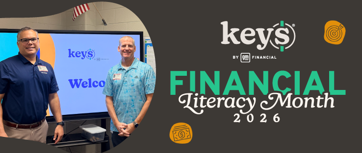 A photo of KEYS ambassadors Kris Morris and Brian Lockhart during a presentation at a Fort Worth-area high school alongside the text "Financial Literacy Month 2026"