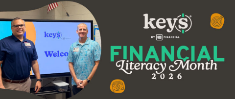 A photo of KEYS ambassadors Kris Morris and Brian Lockhart during a presentation at a Fort Worth-area high school alongside the text "Financial Literacy Month 2026"