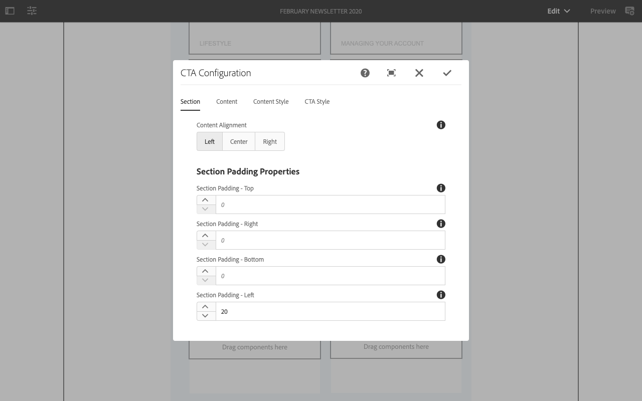 example of the Adobe campaign component fields