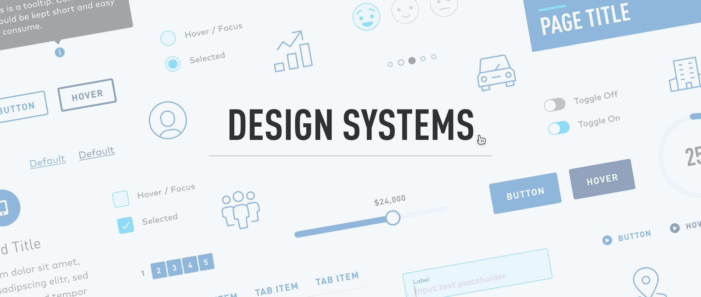 Design Sytems text overlaying an assortment of buttons and icons